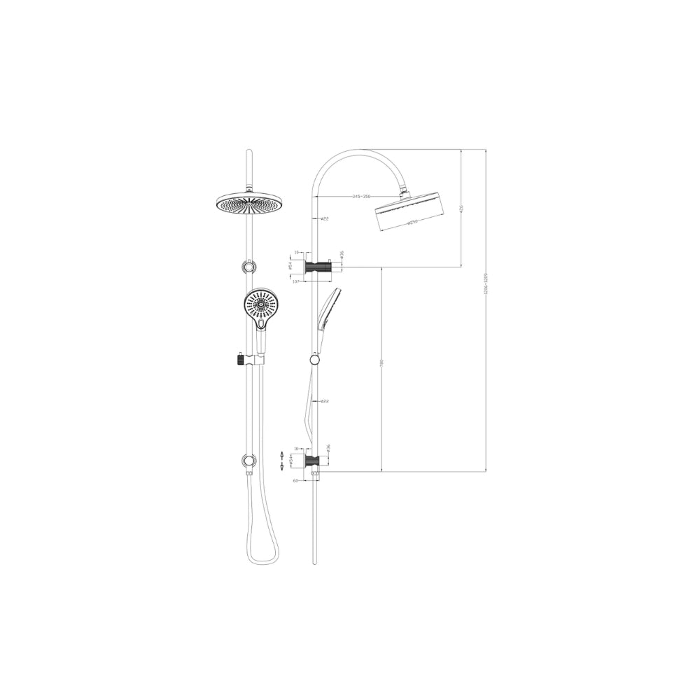 BELLA VISTA MICA FLUTED GOOSENECK DUAL SHOWER RAIL 1200MM GUN METAL