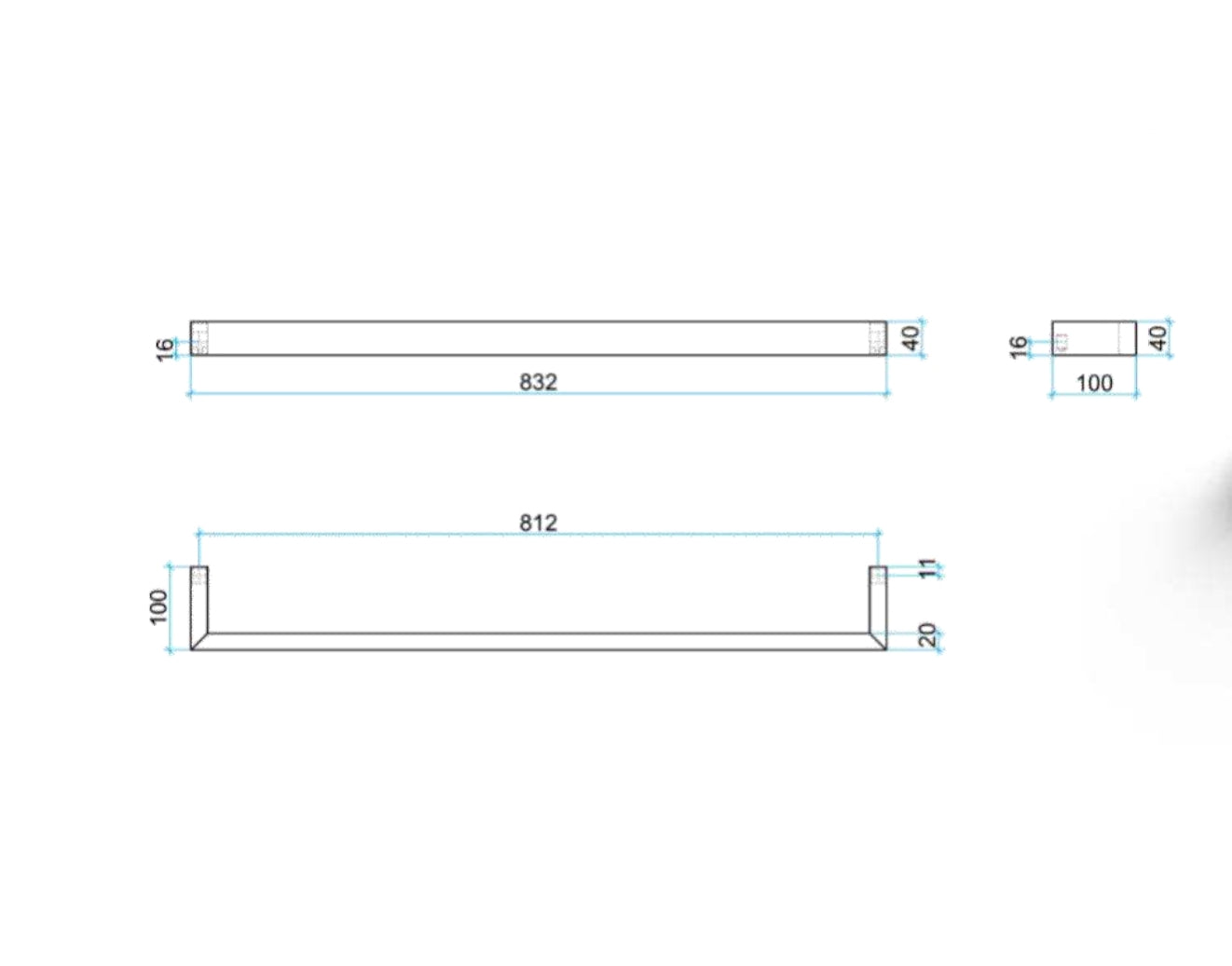 THERMOGROUP SQUARE SINGLE BAR HEATED TOWEL RAIL 832MM STAINLESS STEEL