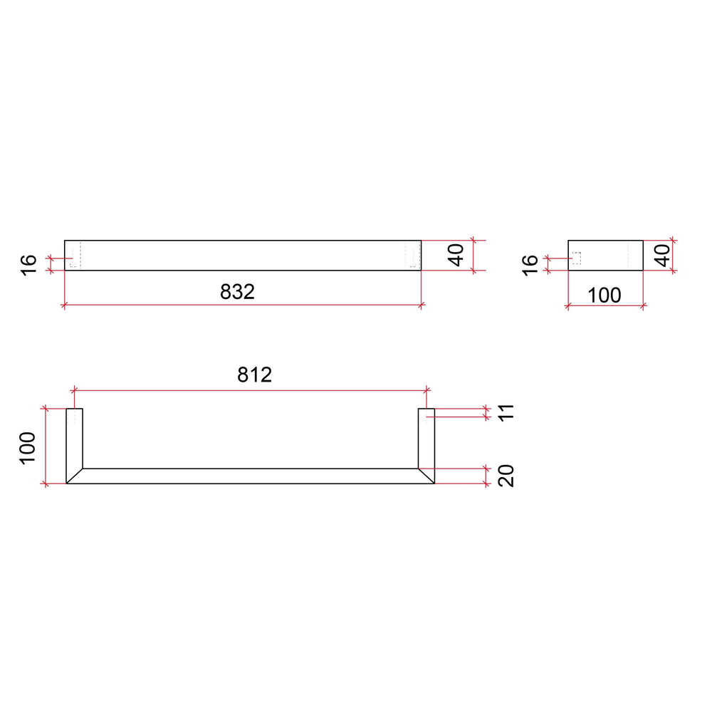 THERMOGROUP SQUARE SINGLE BAR HEATED TOWEL RAIL 832MM BRUSHED STAINLESS STEEL