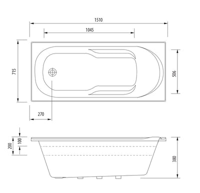 OLIVERI DUBLIN INSET BATHTUB WITH TILE BEAD HIGH GLOSS WHITE (AVAILABLE IN 1510MM AND 1650MM)