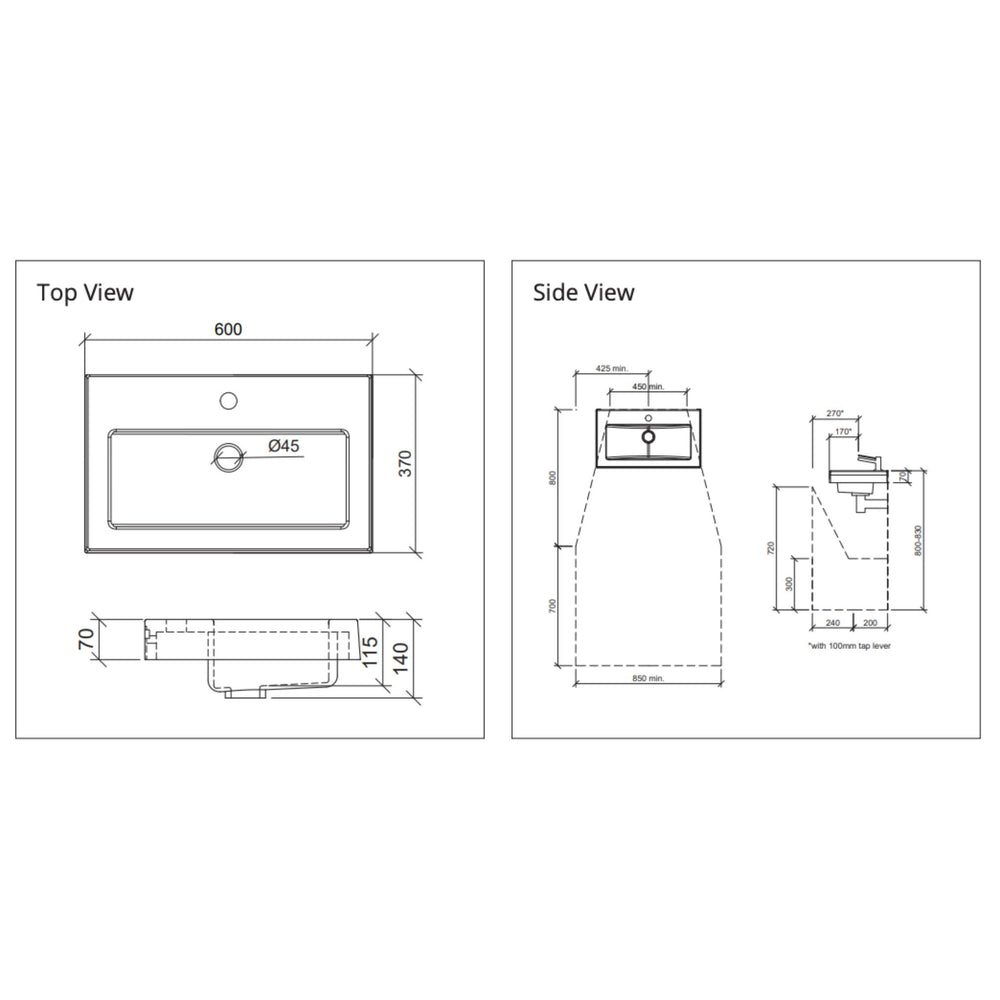 DUROCLASS MONACO GRAND ENSUITE WALL HUNG ACCESSIBLE BASIN GLOSS WHITE 600MM