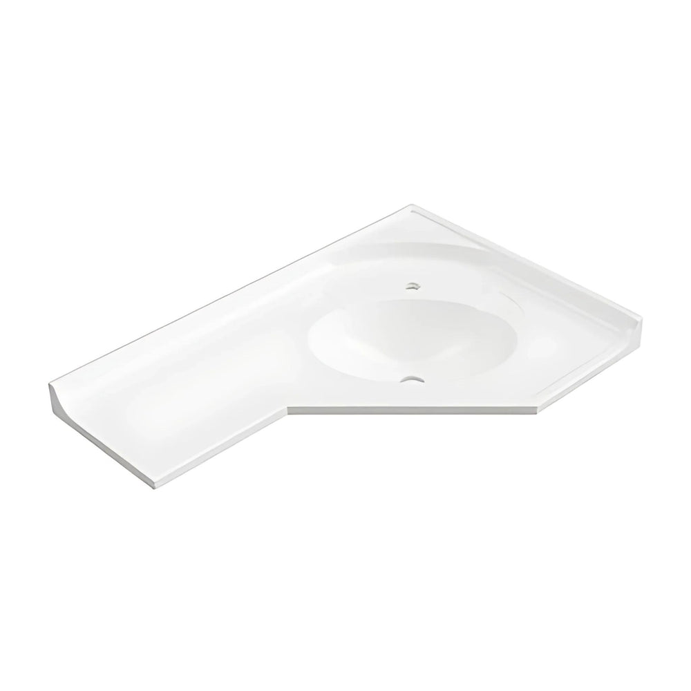 DUROCLASS SUPREME CORNER GLOSS WHITE OFFSET SINGLE BOWL UNDERMOUNT VANITY TOP 910MM