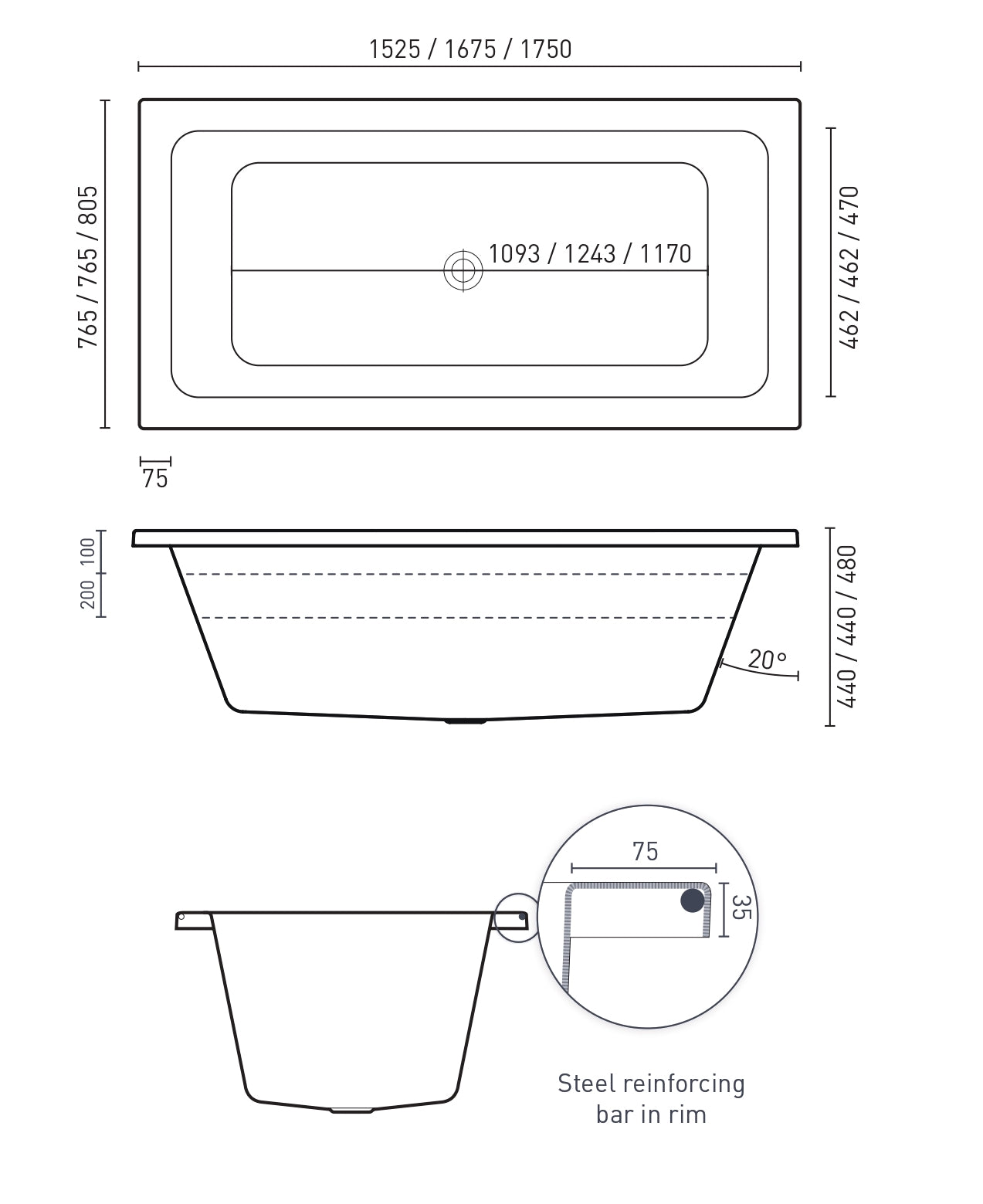 DECINA CARINA ISLAND BATH GLOSS WHITE (AVAILABLE IN 1525MM, 1675MM AND 1750MM)