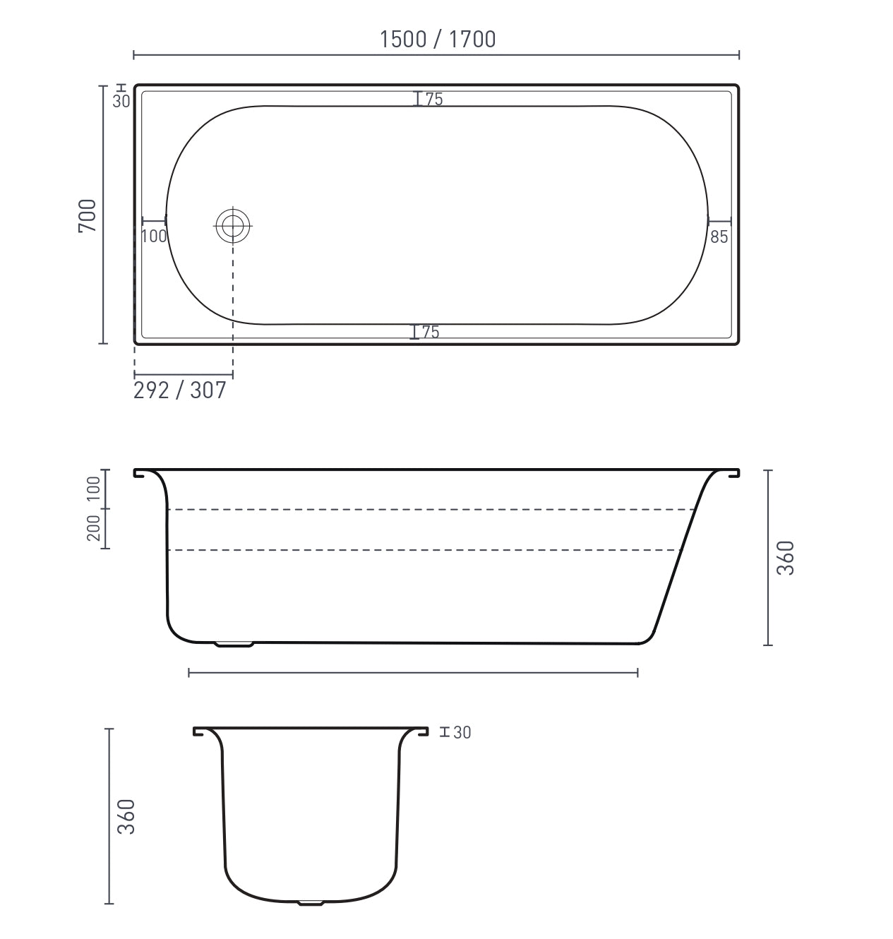 DECINA GIORGIA ISLAND/ INSET PRESSED METAL BATH GLOSS WHITE (AVAILABLE IN 1500MM AND 1700MM)