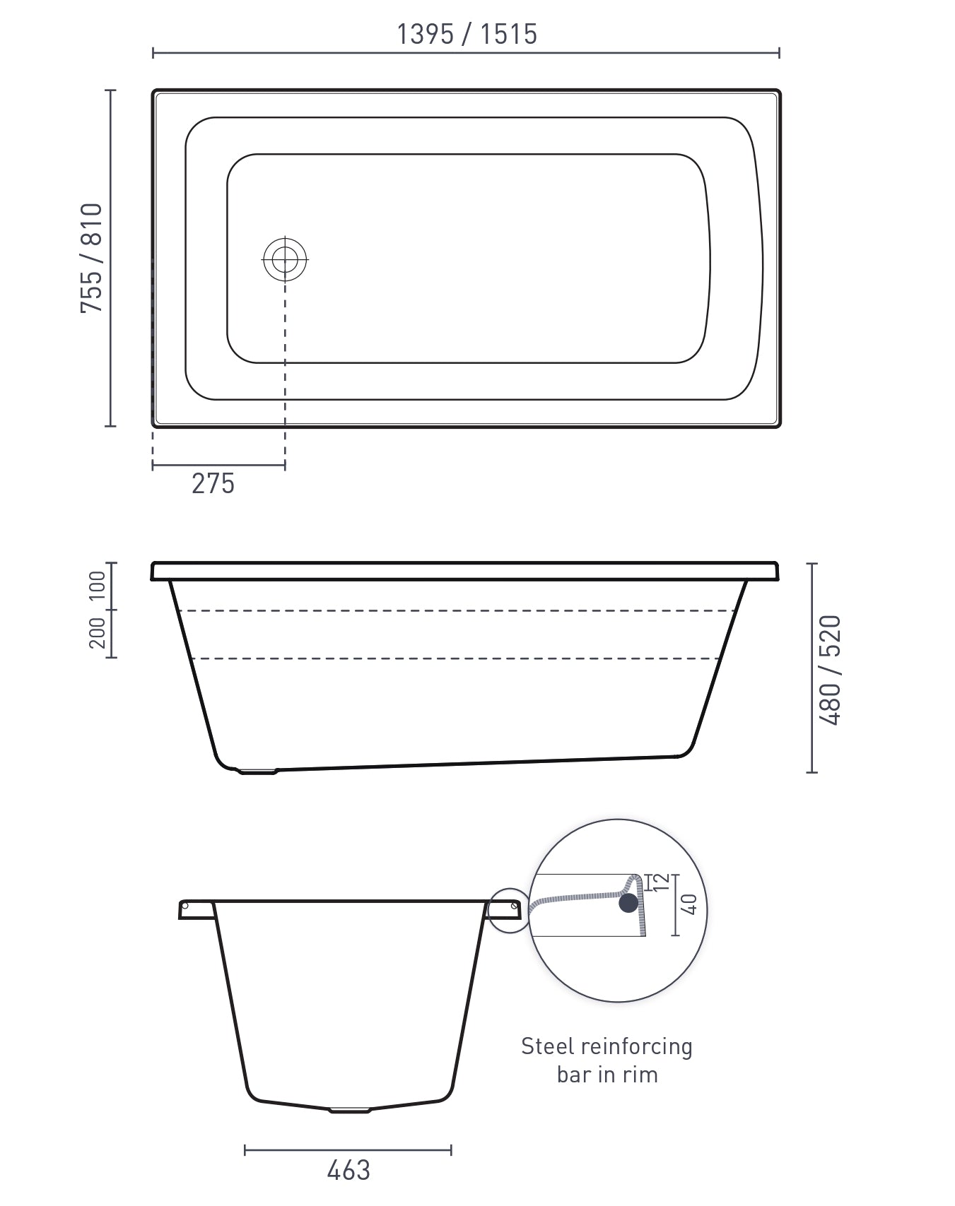 DECINA SHENSEKI INSET BATH GLOSS WHITE (AVAILABLE IN 1395MM AND 1515MM)