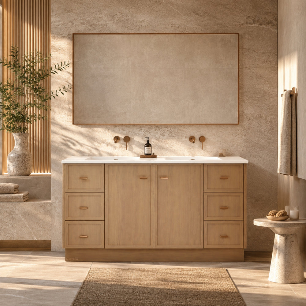 RIVA TOFINO COASTAL OAK 1500MM DOUBLE BOWL FLOOR STANDING VANITY WITH KICKBOARD