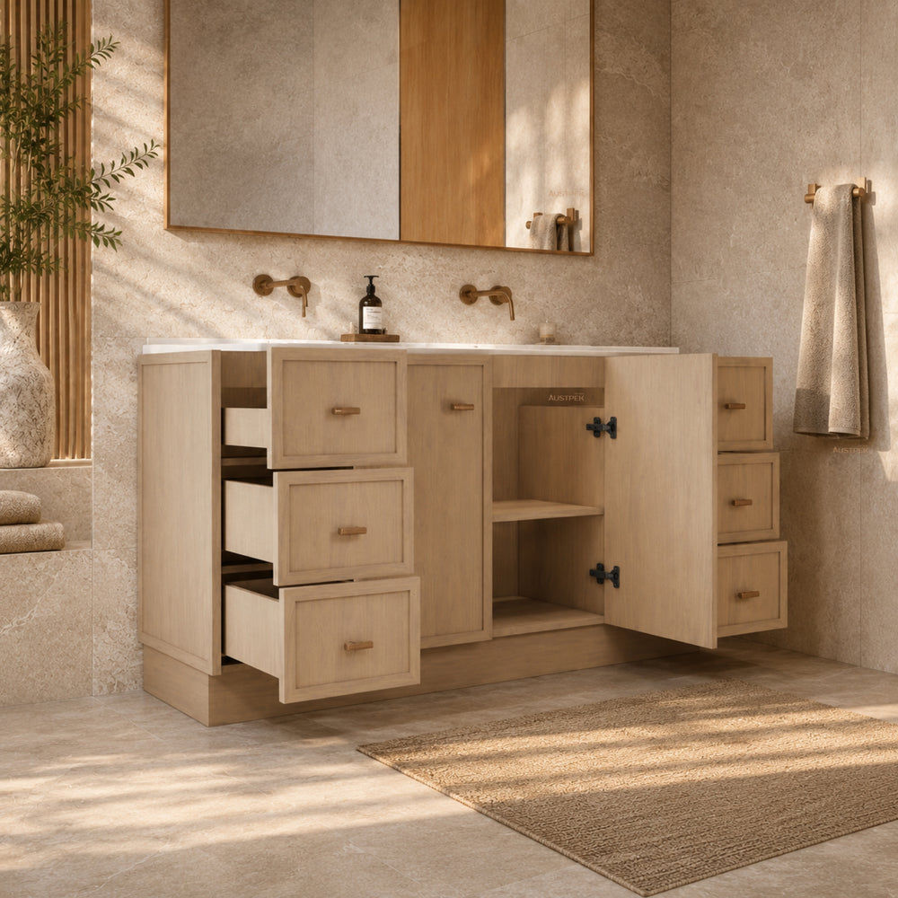 RIVA TOFINO COASTAL OAK 1500MM DOUBLE BOWL FLOOR STANDING VANITY WITH KICKBOARD