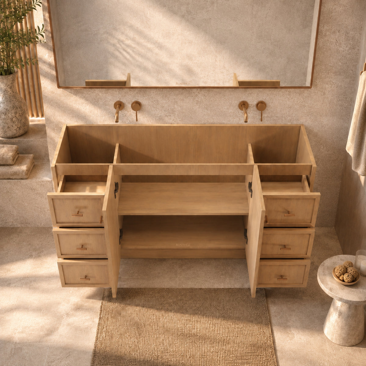 RIVA TOFINO COASTAL OAK 1500MM DOUBLE BOWL FLOOR STANDING VANITY WITH KICKBOARD