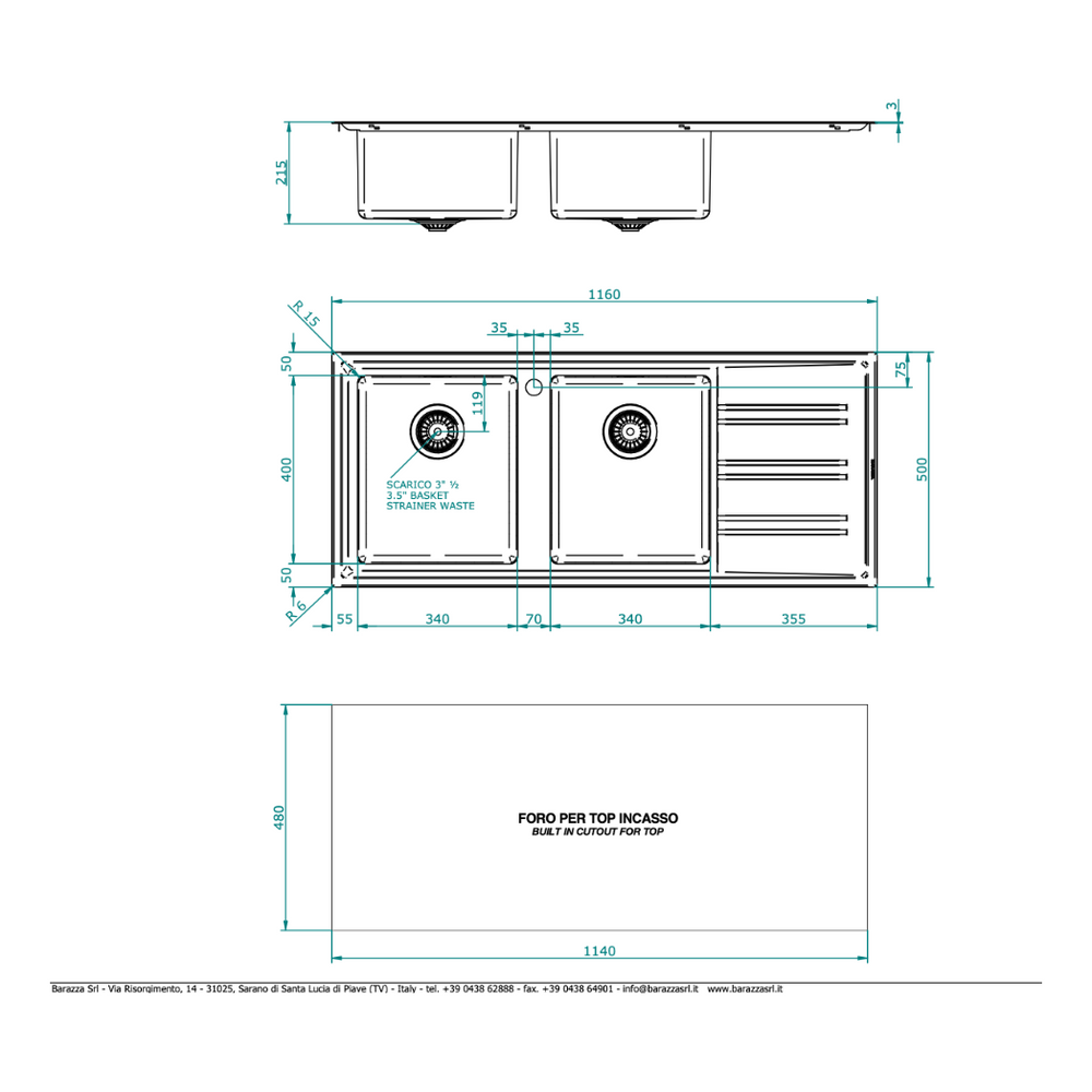 BARAZZA EASY200L KITCHEN SINK TECHNICAL DRAWING WITH DIMENSIONS