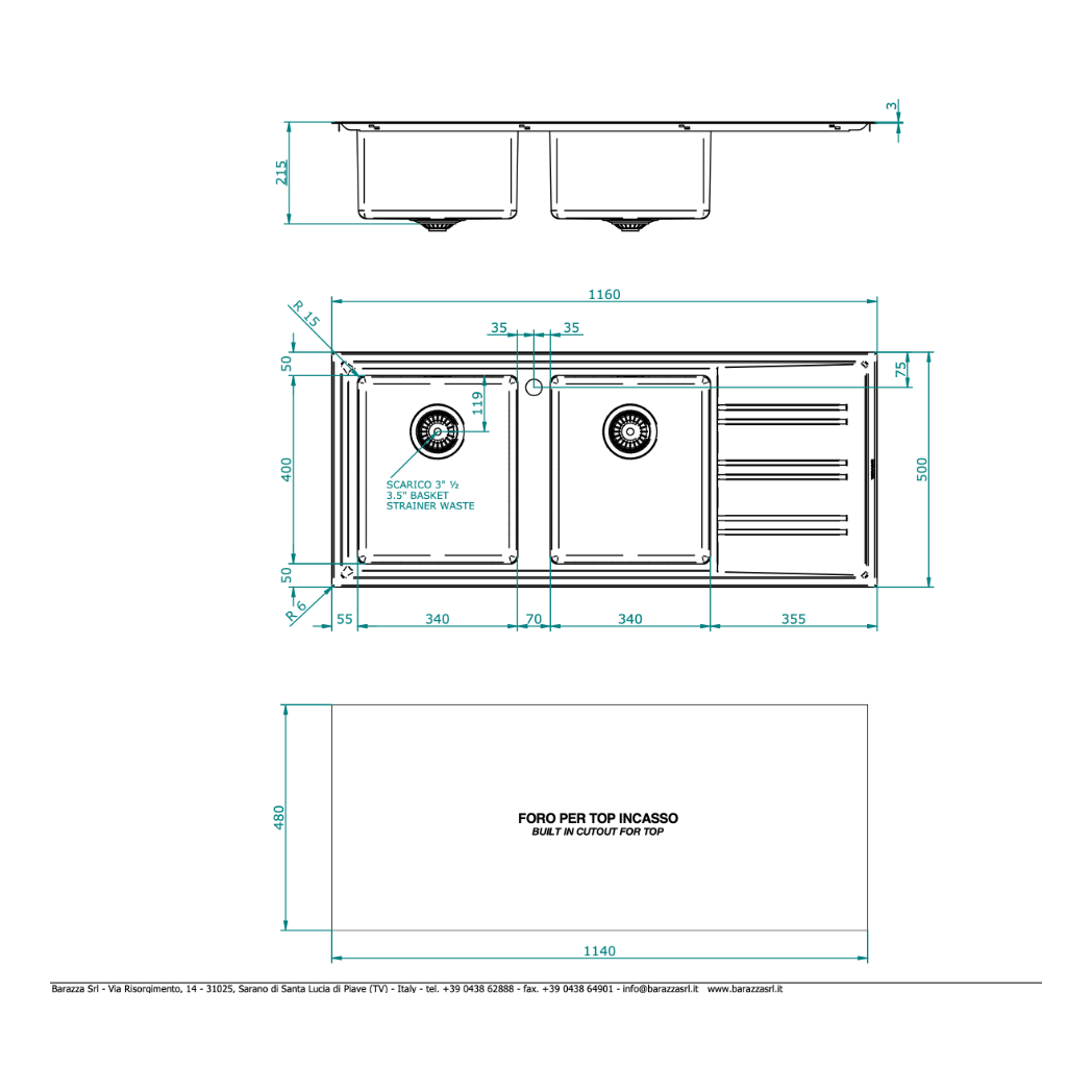 BARAZZA EASY200L KITCHEN SINK TECHNICAL DRAWING WITH DIMENSIONS
