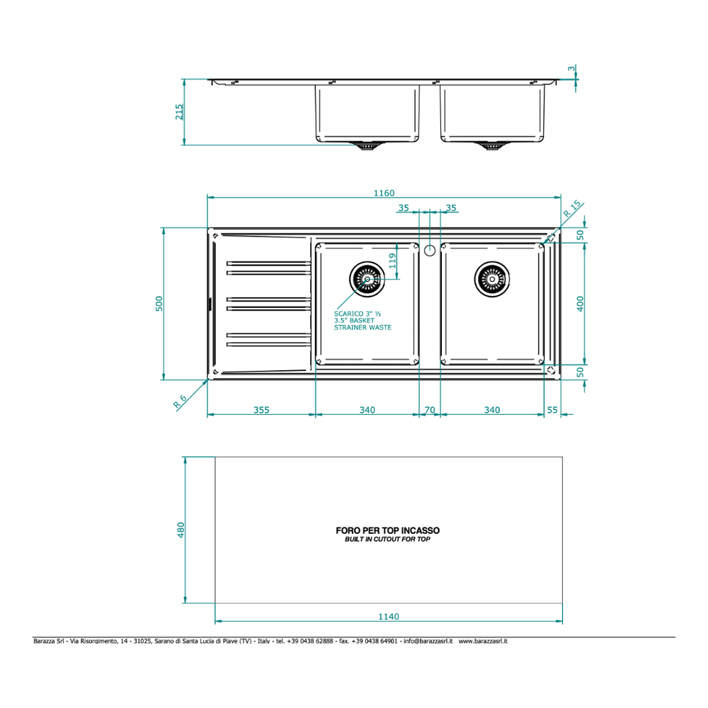BARAZZA EASY200R KITCHEN SINK TECHNICAL DRAWING WITH DIMENSIONS