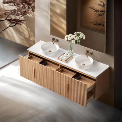 ORIO EDEN LIGHT WALNUT 1800MM DOUBLE BOWL WALL HUNG VANITY