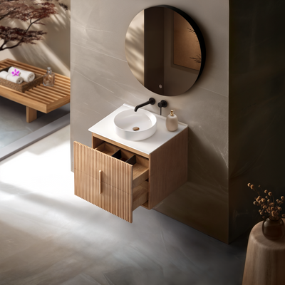 ORIO EDEN LIGHT WALNUT 600MM SINGLE BOWL WALL HUNG VANITY