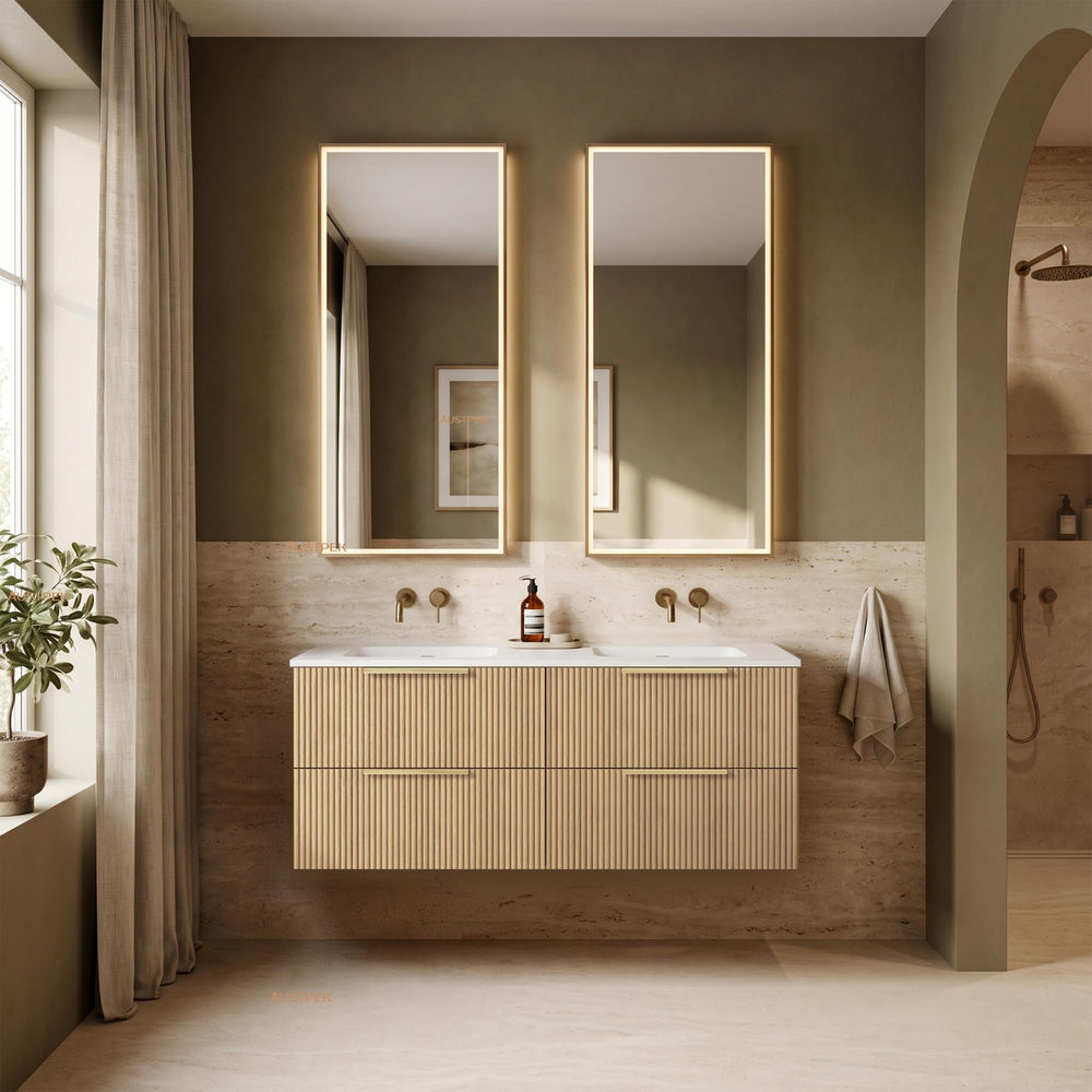 VITO EDINA CLASSIC OAK 1200MM FLUTED DOUBLE BOWL WALL HUNG VANITY