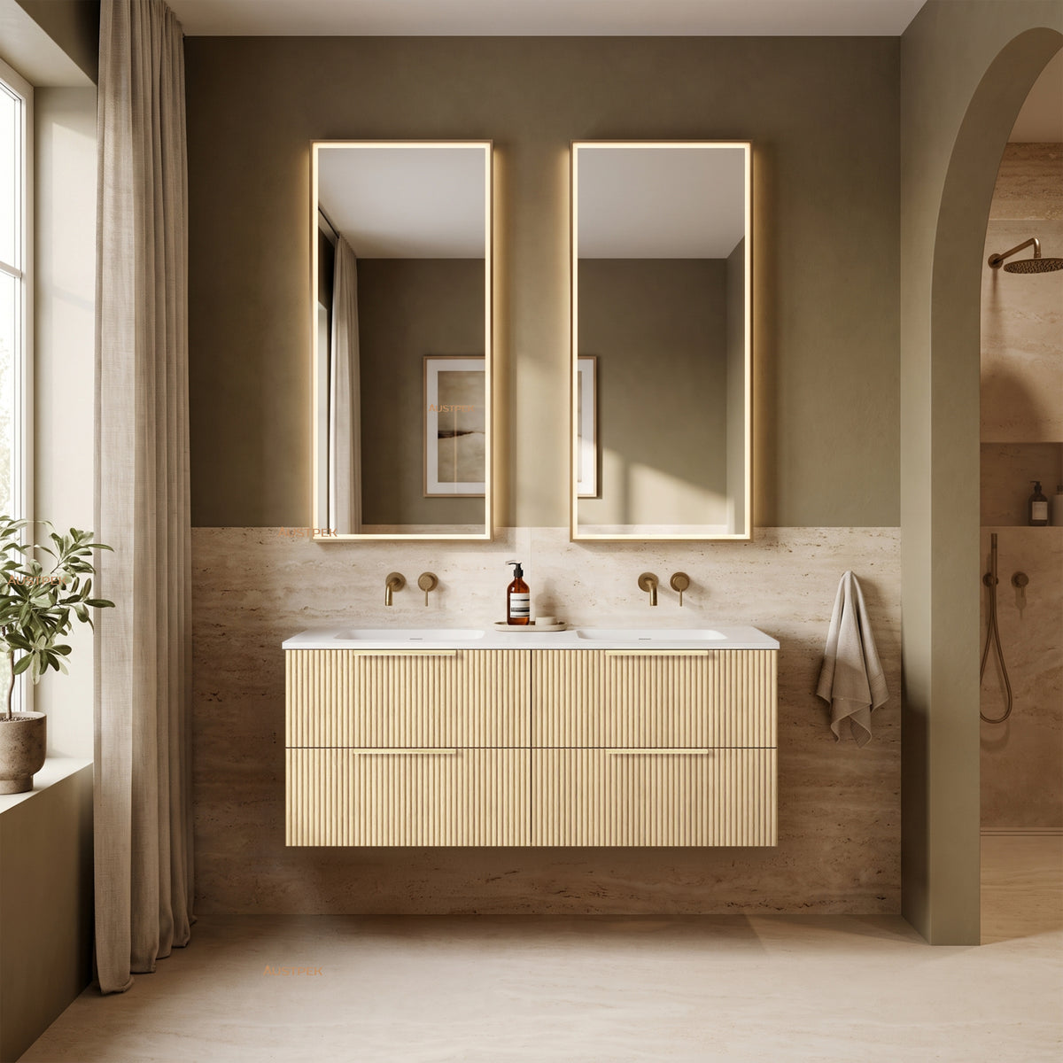VITO EDINA CLASSIC OAK 1200MM FLUTED DOUBLE BOWL WALL HUNG VANITY