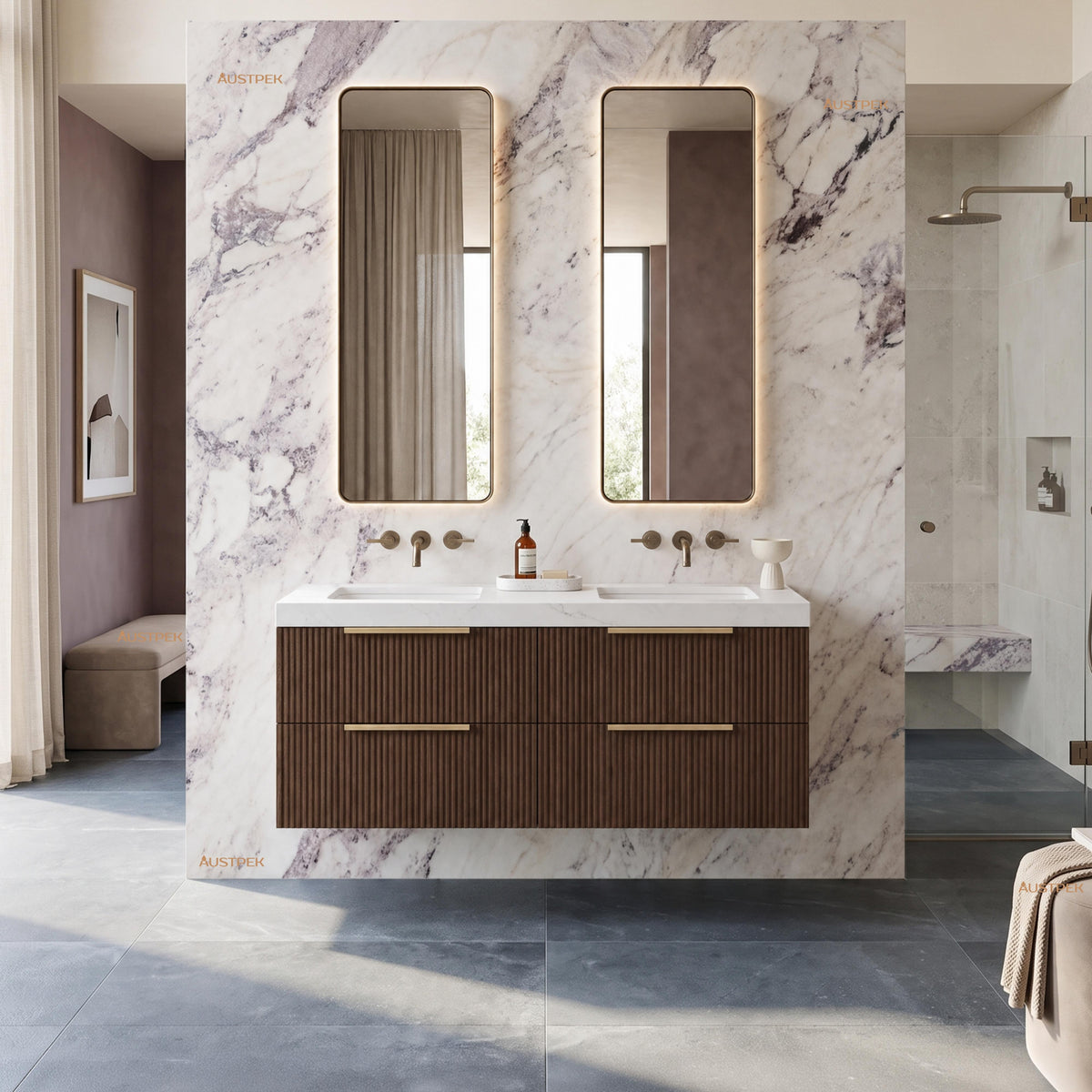 VITO EDINA WALNUT 1200MM FLUTED DOUBLE BOWL WALL HUNG VANITY