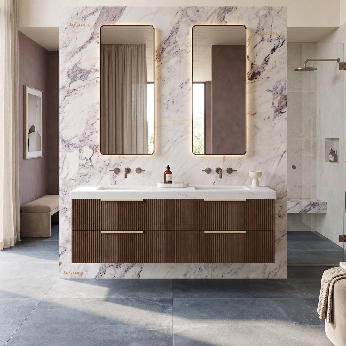 VITO EDINA WALNUT 1500MM FLUTED DOUBLE BOWL WALL HUNG VANITY