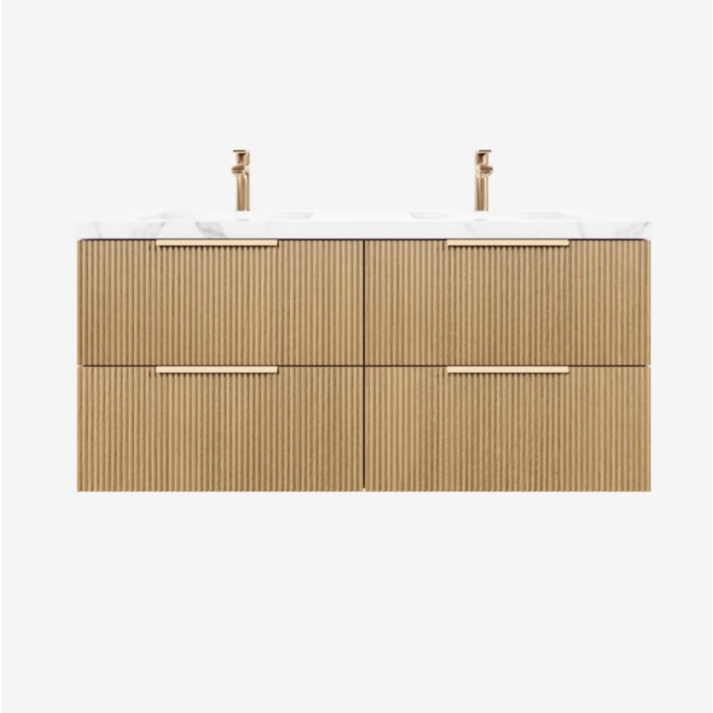 VITO EDINA PRIME OAK 1500MM FLUTED DOUBLE BOWL WALL HUNG VANITY