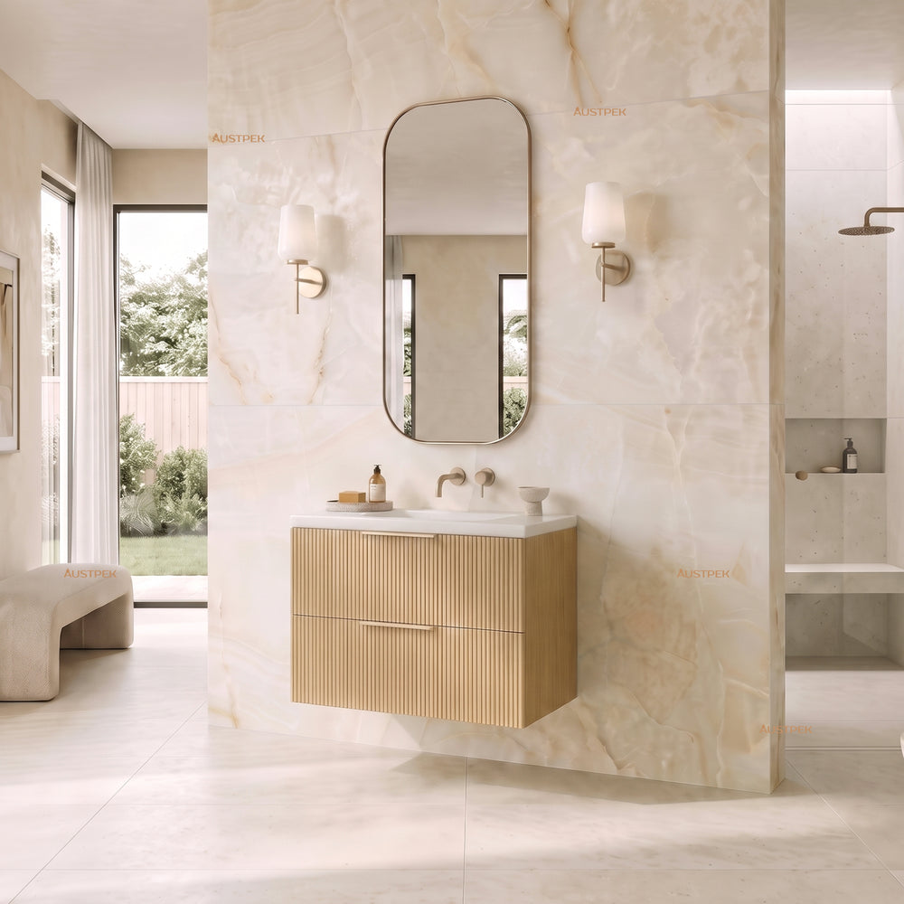 VITO EDINA PRIME OAK 600MM FLUTED SPACE SAVING SINGLE BOWL WALL HUNG VANITY