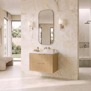 VITO EDINA PRIME OAK 600MM FLUTED SPACE SAVING SINGLE BOWL WALL HUNG VANITY