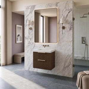 VITO EDINA WALNUT 600MM FLUTED SPACE SAVING SINGLE BOWL WALL HUNG VANITY