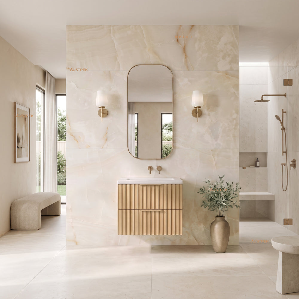 VITO EDINA PRIME OAK 600MM FLUTED SINGLE BOWL WALL HUNG VANITY