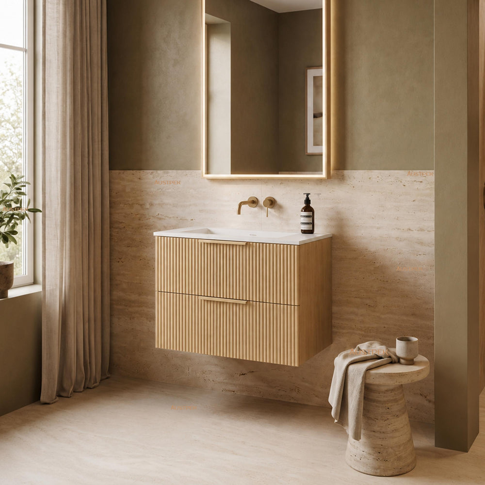 VITO EDINA CLASSIC OAK 750MM FLUTED SPACE SAVING SINGLE BOWL WALL HUNG VANITY