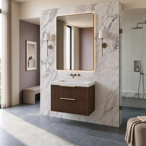 VITO EDINA WALNUT 750MM FLUTED SPACE SAVING SINGLE BOWL WALL HUNG VANITY