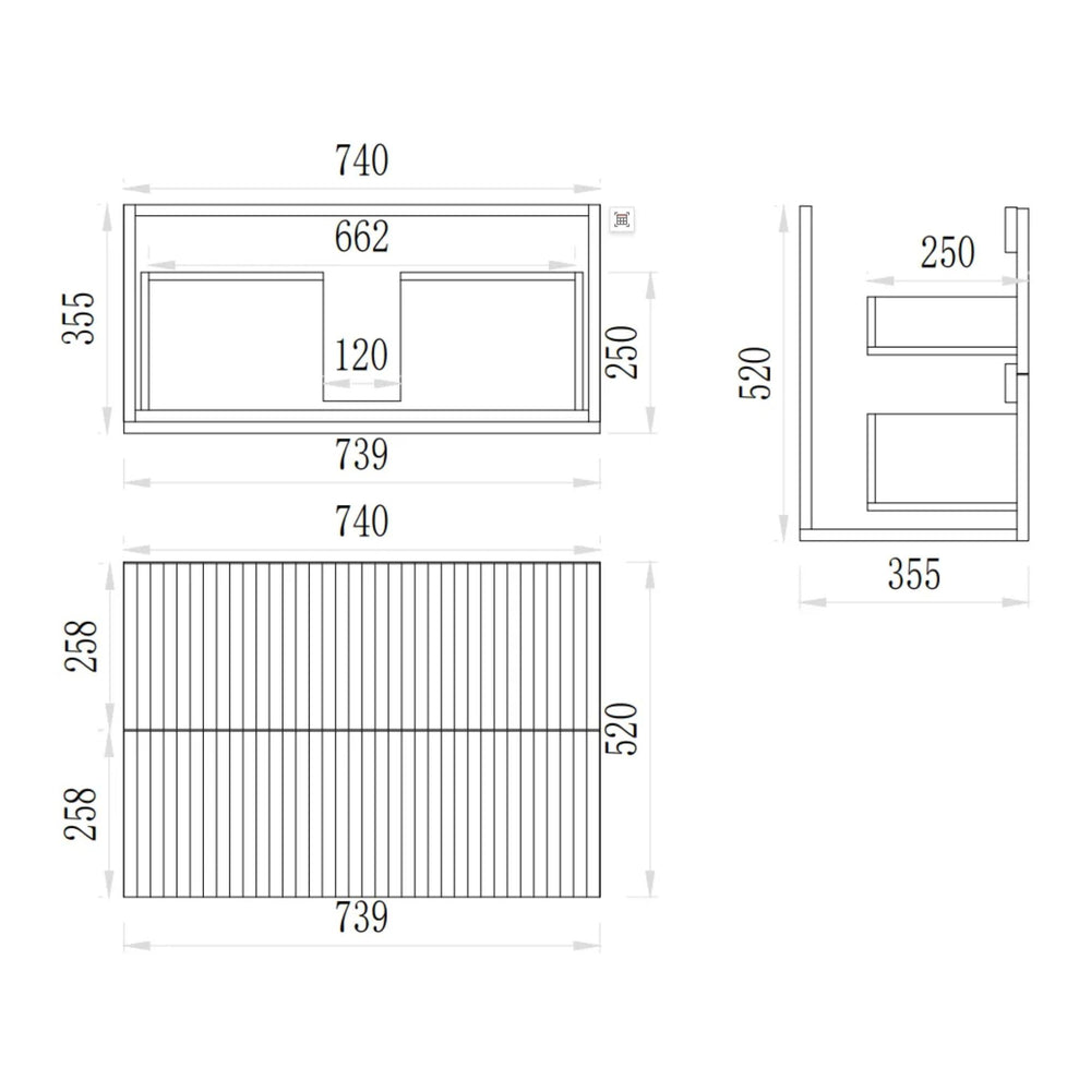 VITO EDINA PRIME OAK 750MM FLUTED SPACE SAVING SINGLE BOWL WALL HUNG VANITY