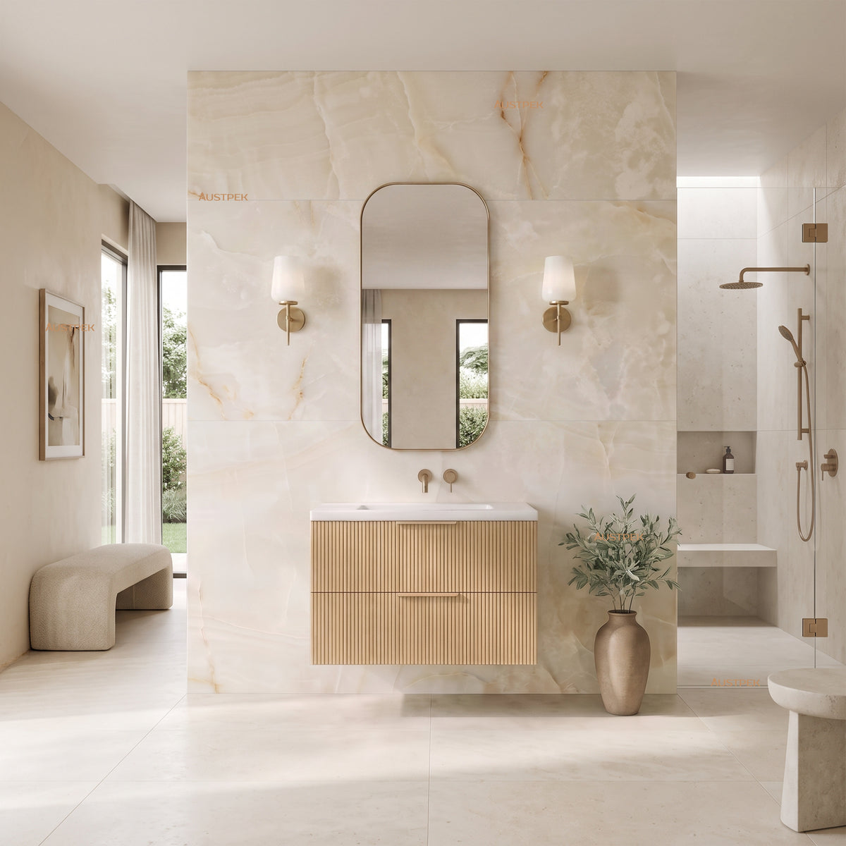 VITO EDINA PRIME OAK 750MM FLUTED SINGLE BOWL WALL HUNG VANITY
