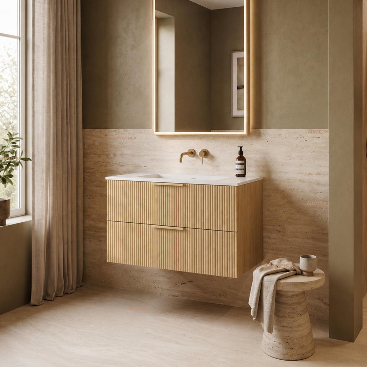 VITO EDINA CLASSIC OAK 900MM FLUTED SPACE SAVING SINGLE BOWL WALL HUNG VANITY