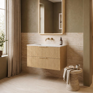 VITO EDINA CLASSIC OAK 900MM FLUTED SPACE SAVING SINGLE BOWL WALL HUNG VANITY