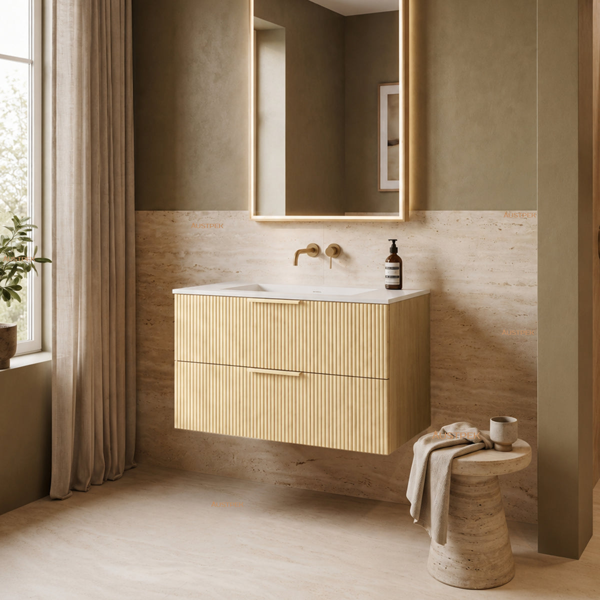 VITO EDINA CLASSIC OAK 900MM FLUTED SPACE SAVING SINGLE BOWL WALL HUNG VANITY