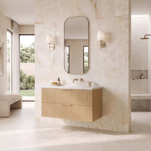 VITO EDINA PRIME OAK 900MM FLUTED SPACE SAVING SINGLE BOWL WALL HUNG VANITY