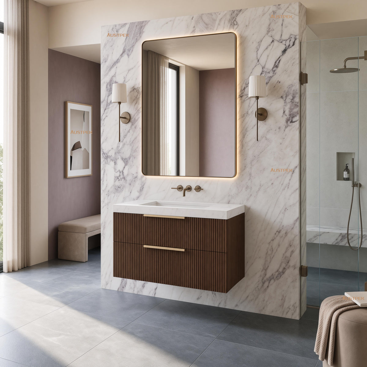 VITO EDINA WALNUT 900MM FLUTED SPACE SAVING SINGLE BOWL WALL HUNG VANITY