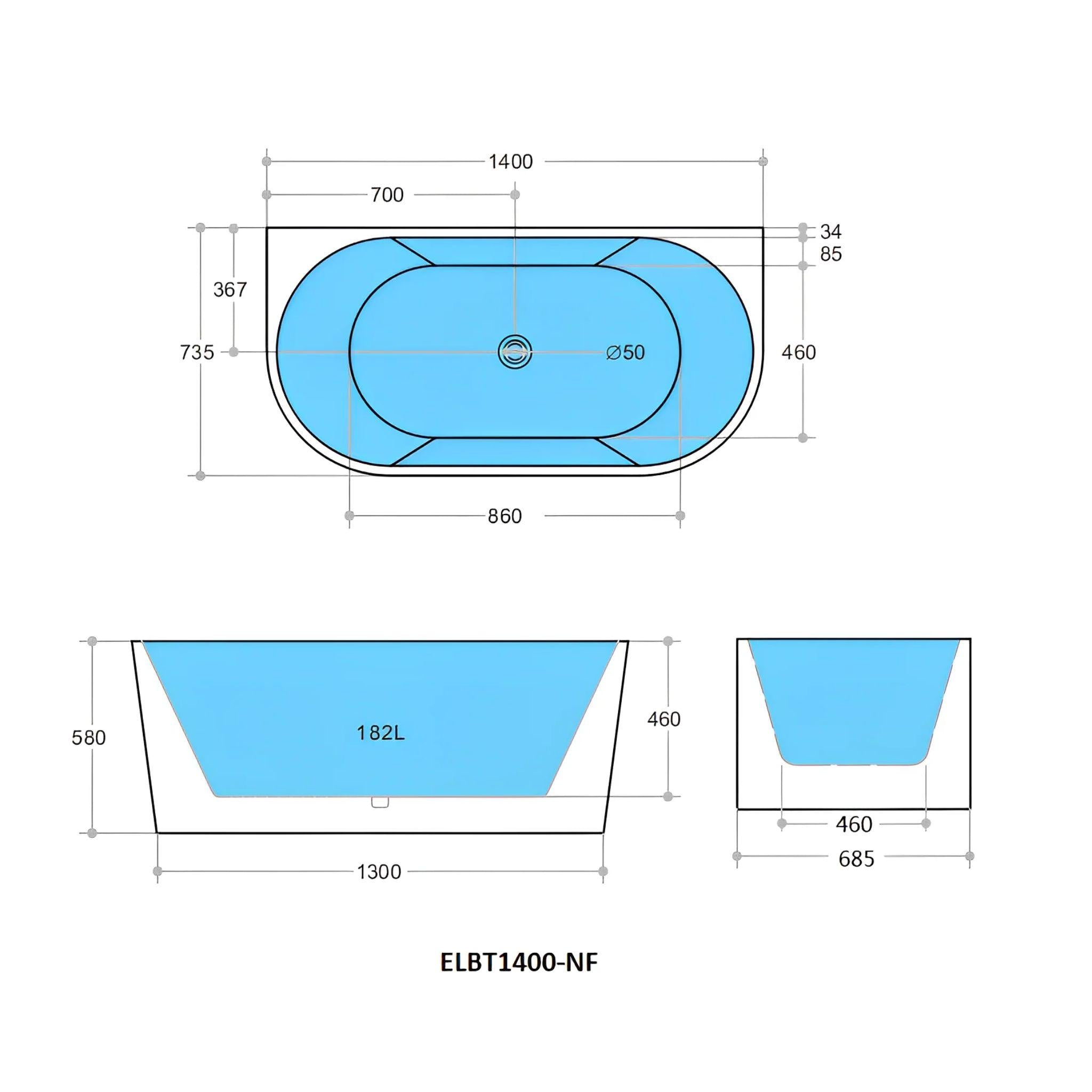 POSEIDON ELIVIA BACK TO WALL NF BATH GLOSS WHITE (AVAILABLE IN 1400MM, 1500MM AND 1700MM)
