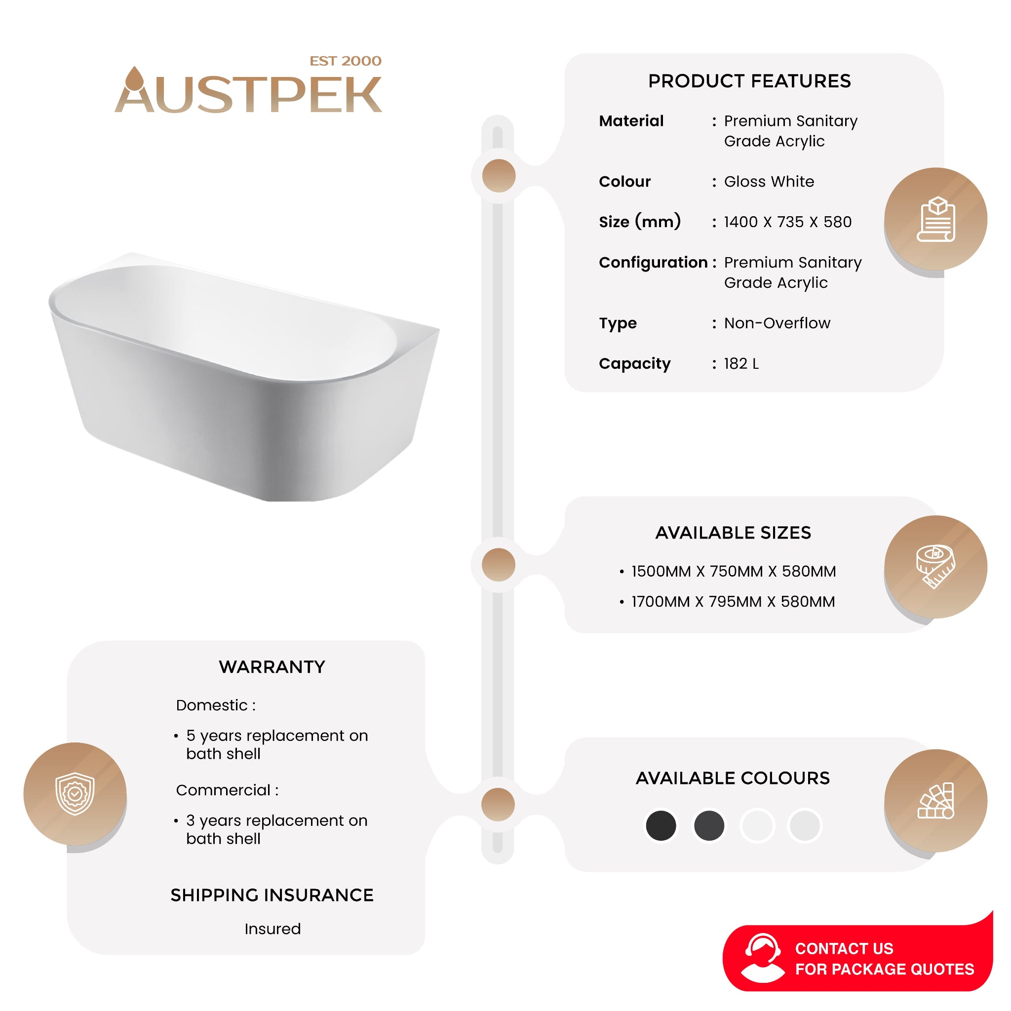 POSEIDON ELIVIA BACK TO WALL BATH MATTE WHITE (AVAILABLE IN 1400MM, 1500MM AND 1700MM)