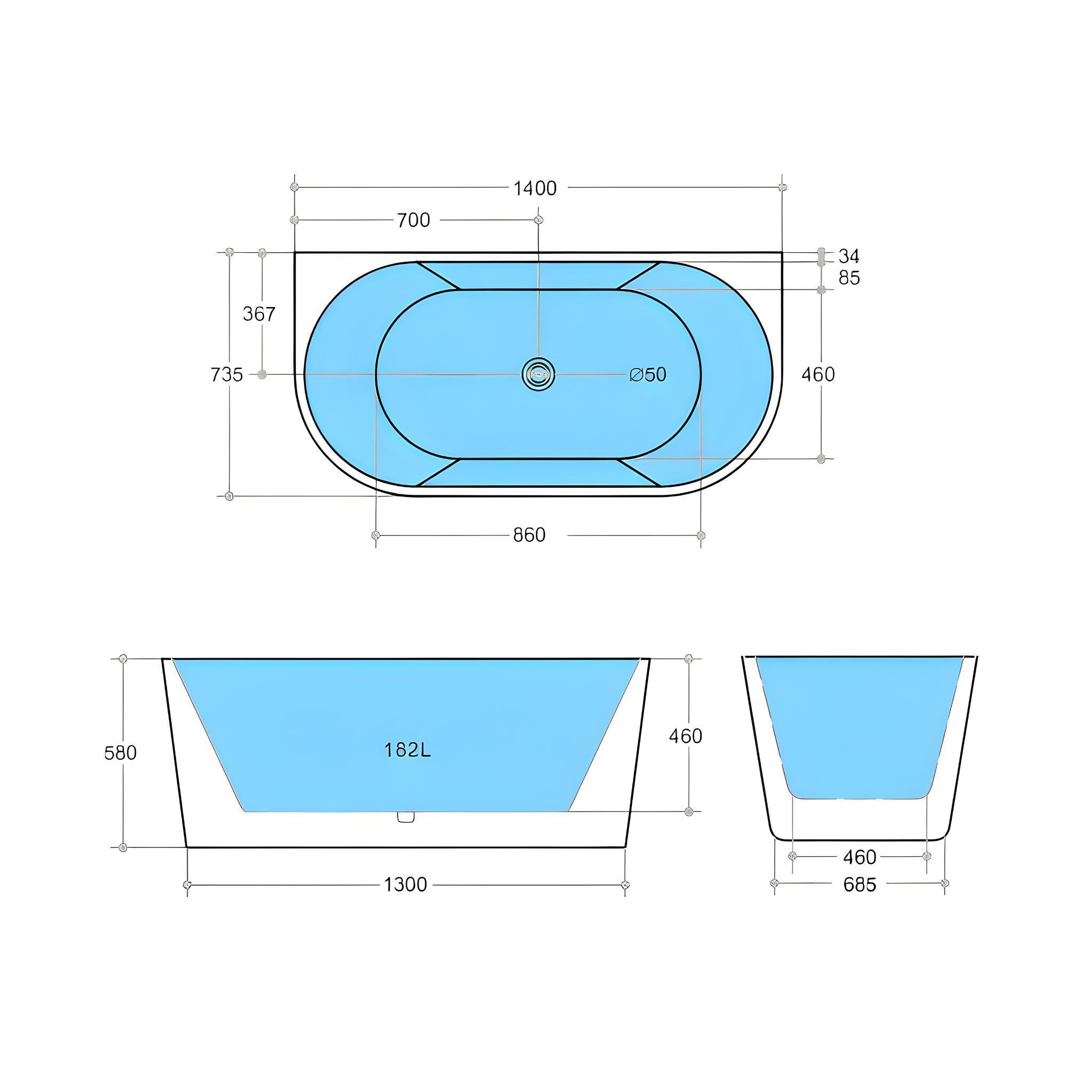 POSEIDON ELIVIA BACK TO WALL BATH MATTE WHITE (AVAILABLE IN 1400MM, 1500MM AND 1700MM)