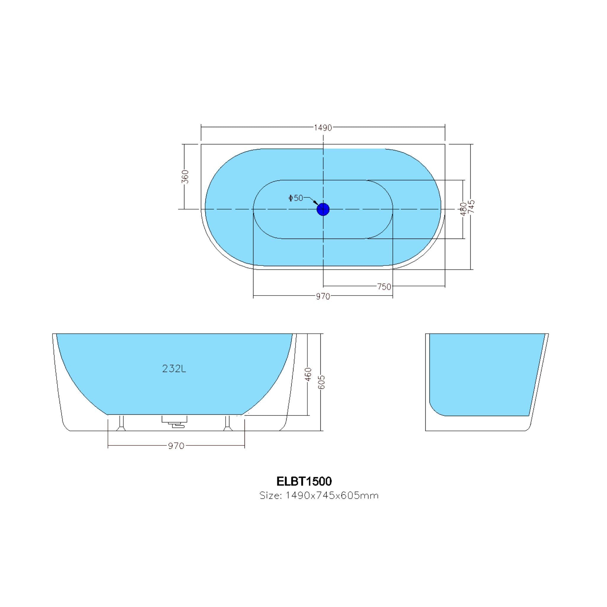 POSEIDON ELIVIA BACK TO WALL BATHTUB GLOSS WHITE 1490MM