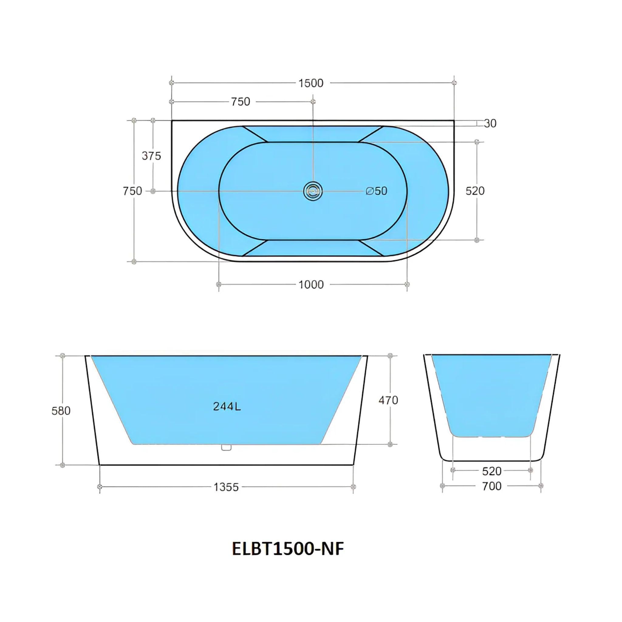 POSEIDON ELIVIA BACK TO WALL NF BATH GLOSS WHITE (AVAILABLE IN 1400MM, 1500MM AND 1700MM)