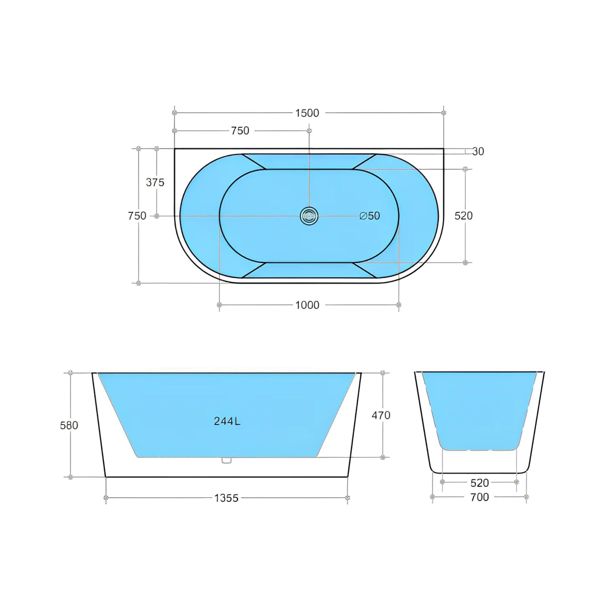 POSEIDON ELIVIA BACK TO WALL BATH MATTE WHITE (AVAILABLE IN 1400MM, 1500MM AND 1700MM)