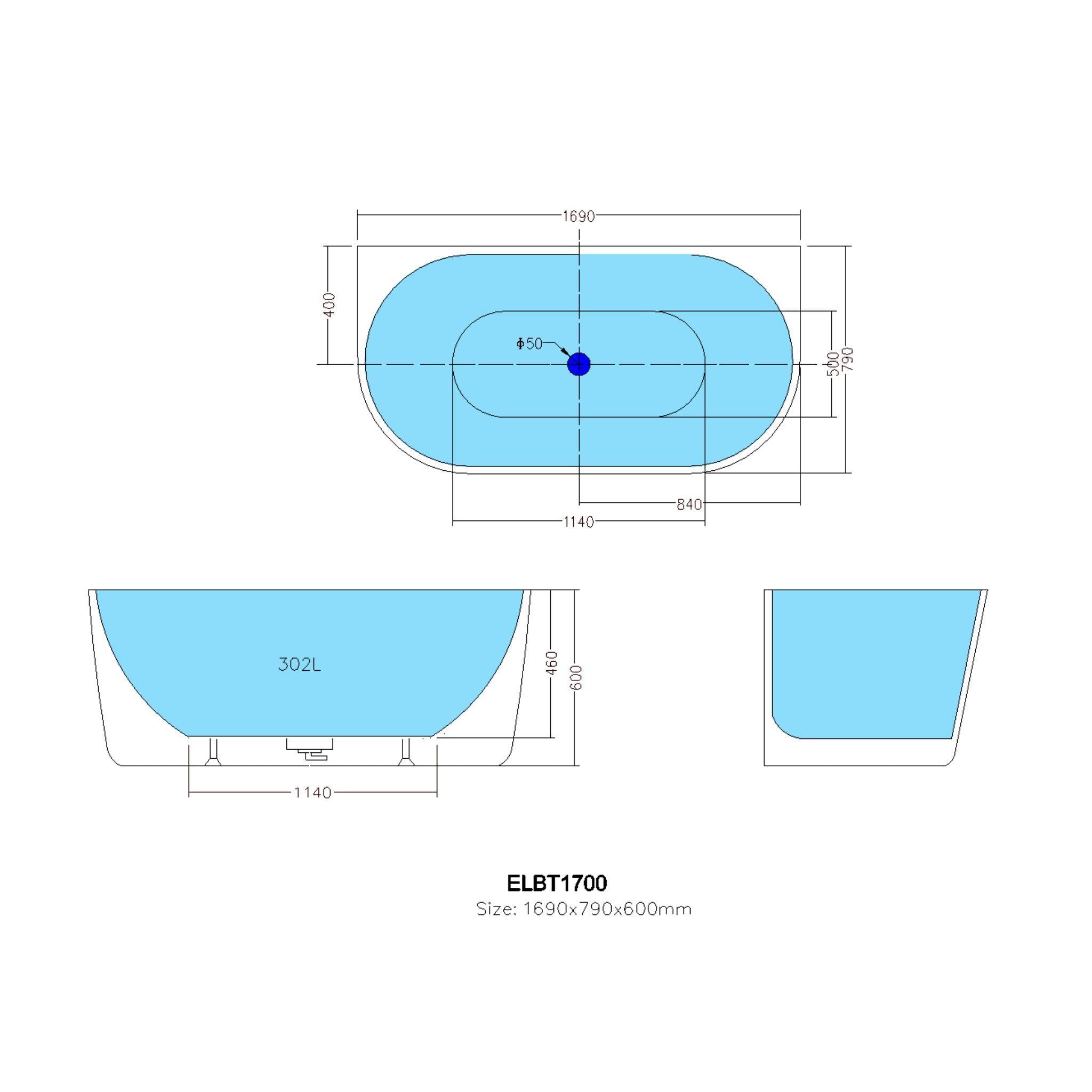POSEIDON ELIVIA BACK TO WALL BATHTUB GLOSS WHITE 1490MM
