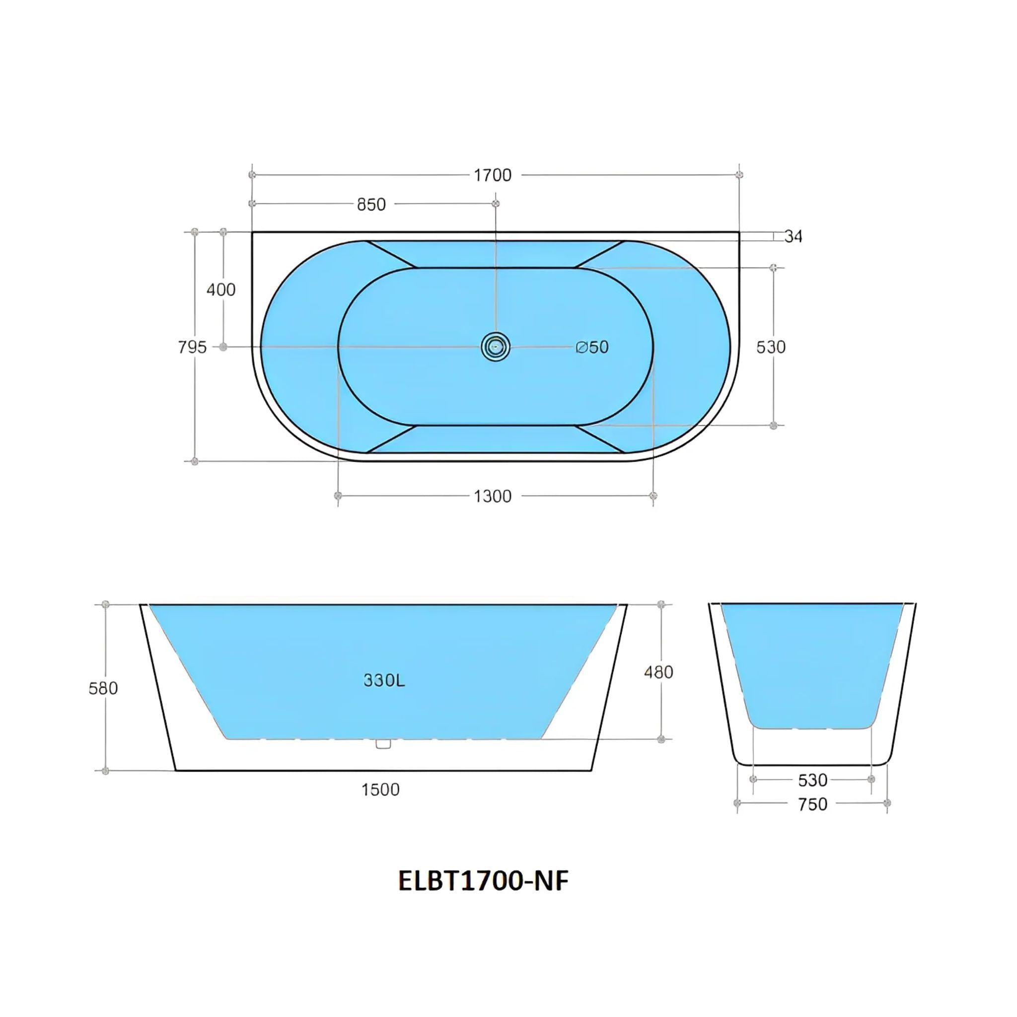 POSEIDON ELIVIA BACK TO WALL NF BATH GLOSS WHITE (AVAILABLE IN 1400MM, 1500MM AND 1700MM)