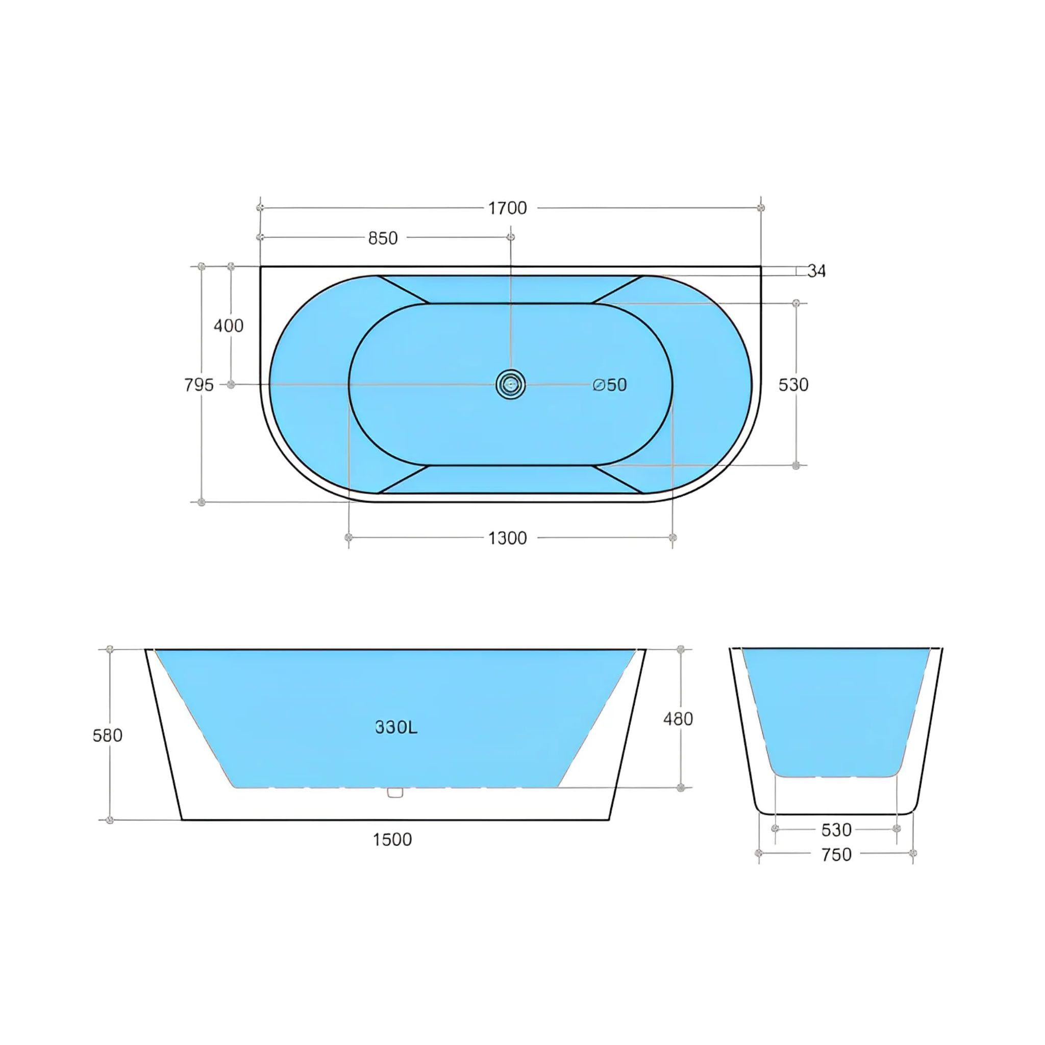 POSEIDON ELIVIA BACK TO WALL BATH MATTE WHITE (AVAILABLE IN 1400MM, 1500MM AND 1700MM)