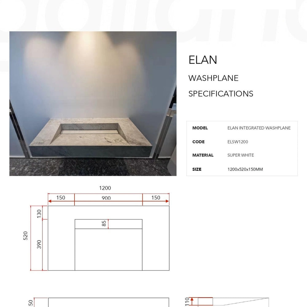 GALLARIA ELAN RECTANGULAR SUPERWHITE STONE WASHPLANE 1200MM