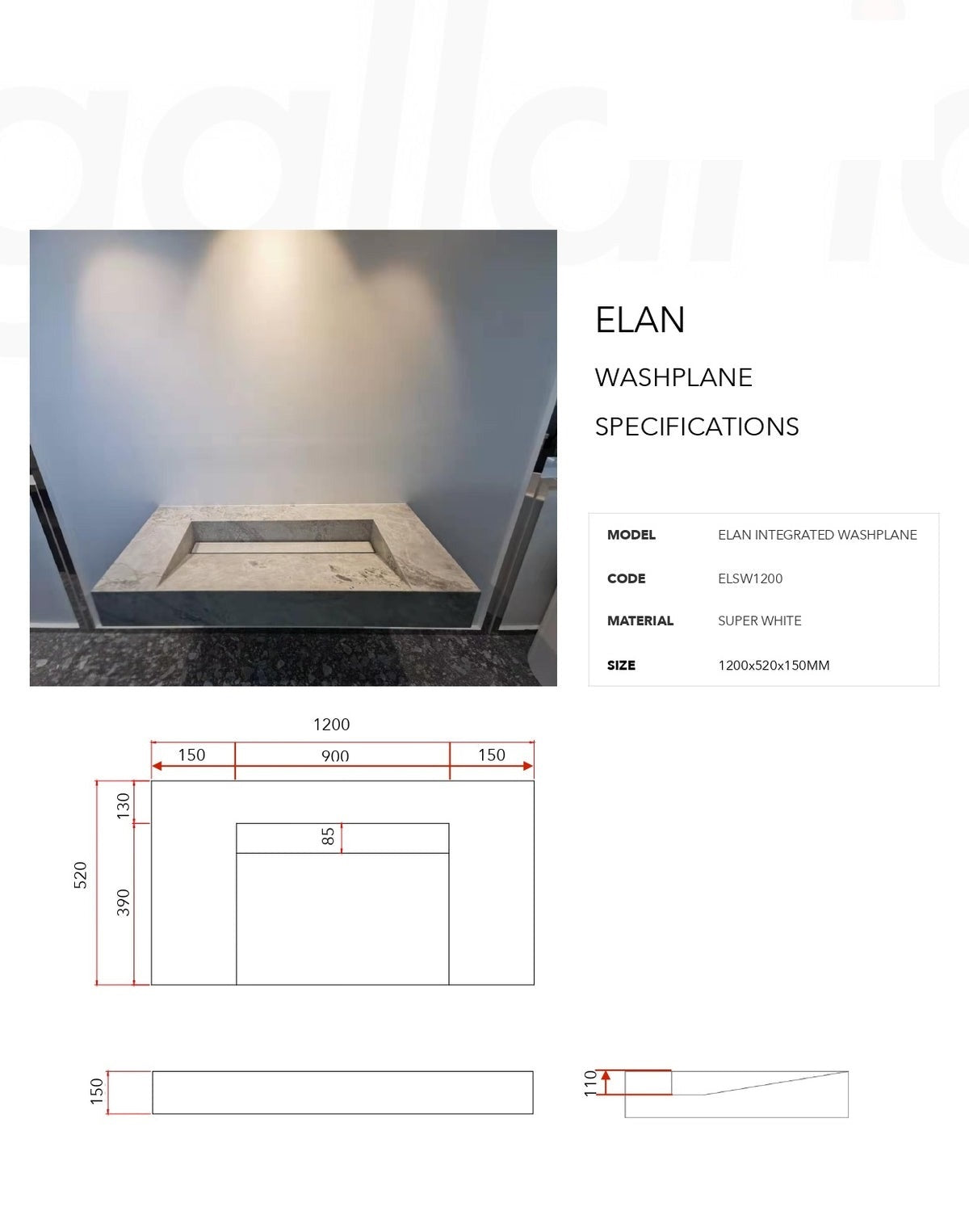 GALLARIA ELAN RECTANGULAR SUPERWHITE STONE WASHPLANE 1200MM