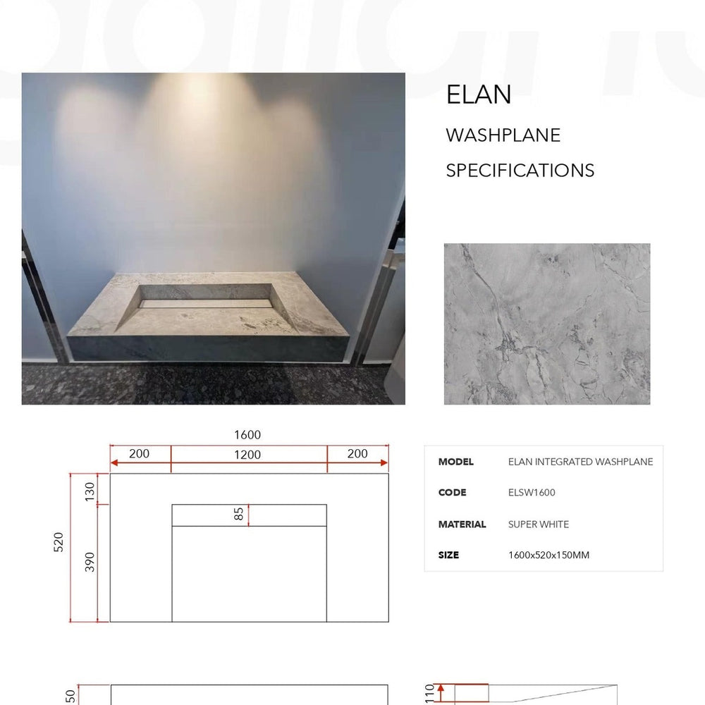 GALLARIA ELAN RECTANGULAR SUPERWHITE STONE WASHPLANE 1600MM