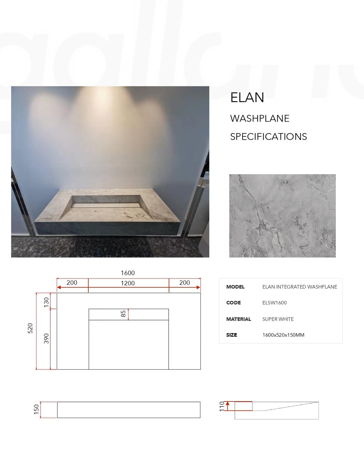 GALLARIA ELAN RECTANGULAR SUPERWHITE STONE WASHPLANE 1600MM