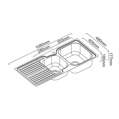 SCHOCK ENTRY 1 AND 3/4 RIGHT HAND DOUBLE BOWL KITCHEN SINK WITH DRAINER STAINLESS STEEL 1080MM