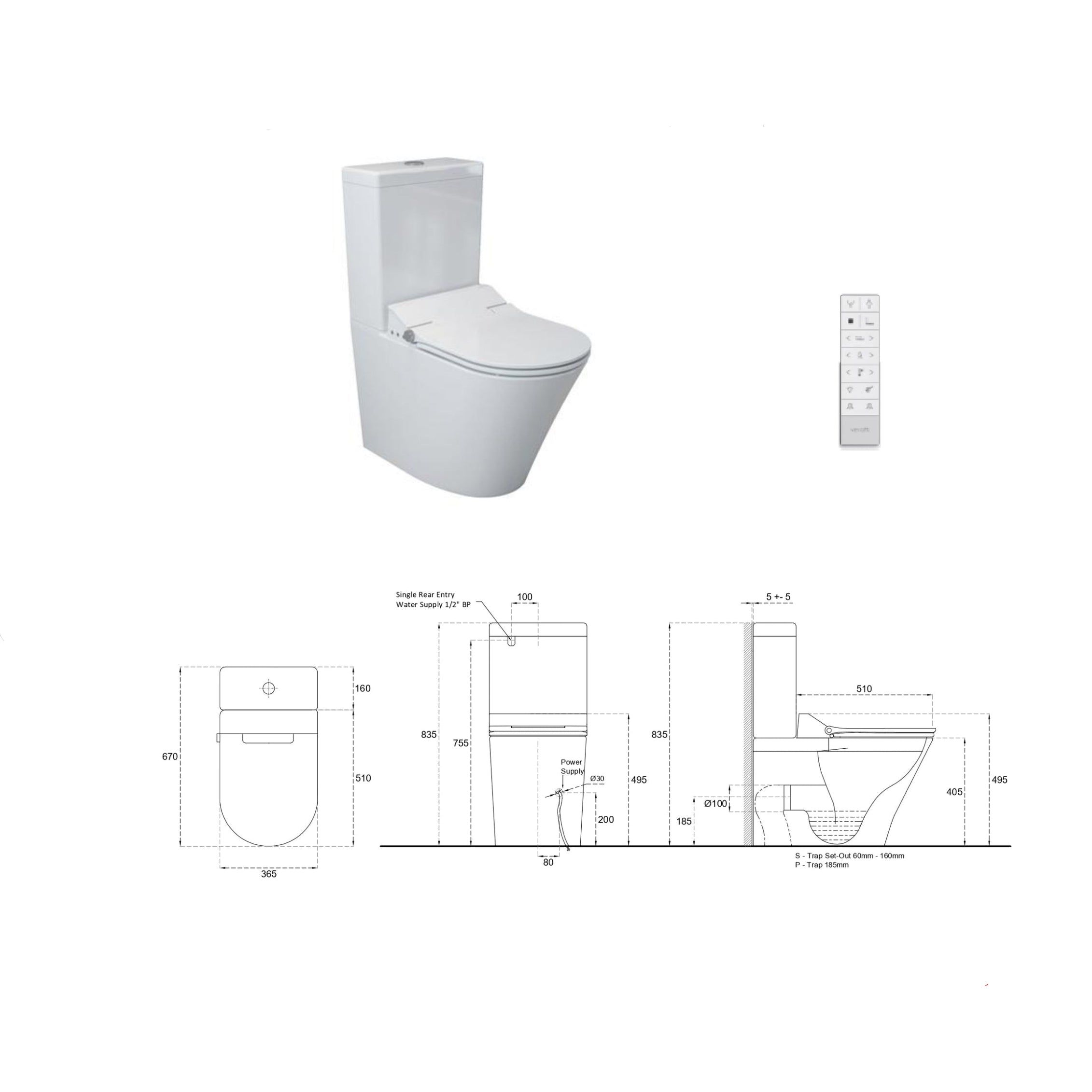 VEROTTI ETERNITY INTELLIGENT BTW TOILET SUITE WITH REMOTE WASHLET PACKAGE GLOSS WHITE Spec Sheet